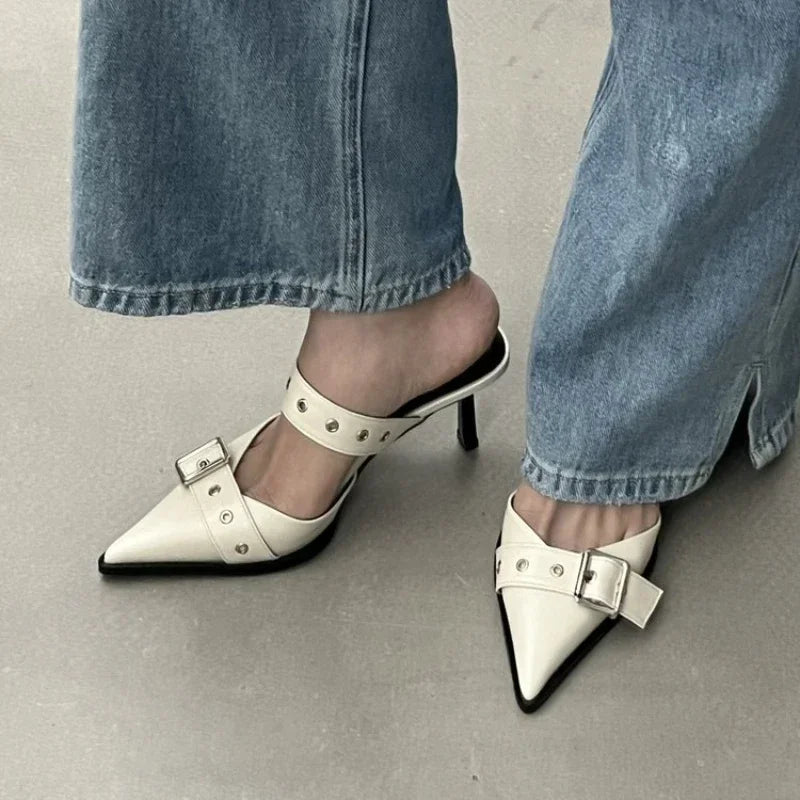 Sleek White Heels with Chic Buckle Detail